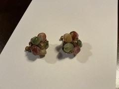 Vtg Signed Miriam Haskell Hand Wired Floral Cluster Clip Earrings Green Cabochon