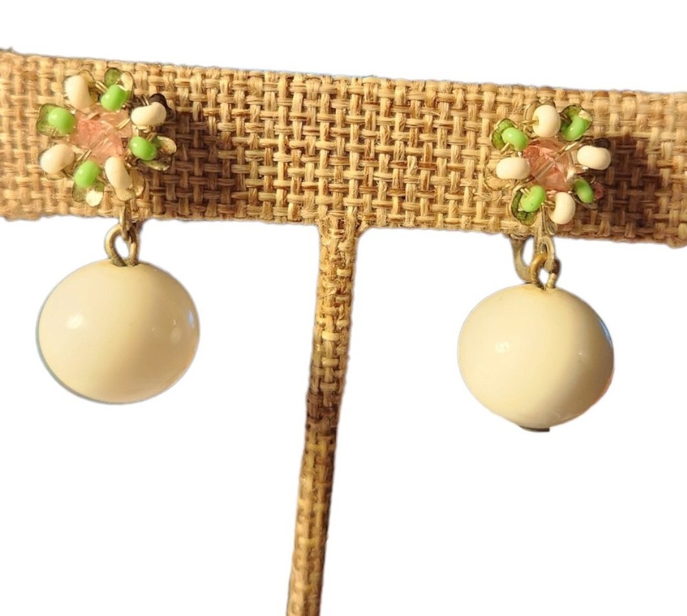 Vintage Miriam Haskell Earrings Dangles White And Green Glass And Pink…