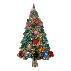 Vintage Rhinestone Gold Tone Christmas Tree Brooch with Matching Earrings
