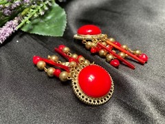 Vintage Three Ladies by roxsann Vivid Red Cabochon Beaded Clip-On Earrings