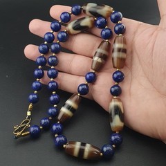 Vintage Tibetan Agate & Lapis Lazuli Necklace Zigzag Pattern Beads 22in