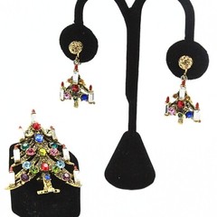 Hollycraft Signed Candle Multicolor Rhinestone Foil Brooch Earrings Set