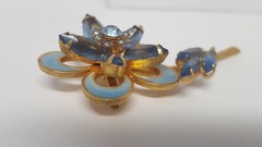 Vintage Blue Glass Rhinestone Enamel Flower Brooch Marquise Round Gold Tone Pin