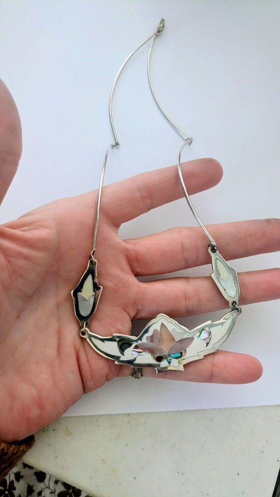 Vintage ALIA Sterling Silver Pink Abalone Shell Inlay Necklace 20″