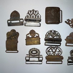 19pc Antique Victorian Gents Suspender Buckle Lot Brass Nickel Filigree 1892 Pat