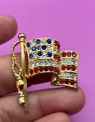 Vintage NAPIER Gold Red White Blue Rhinestone American Flag Brooch Pin Patriotic