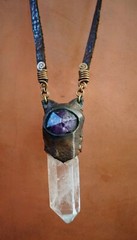 Artisan Created NECKLACE of Leather Wrapped Quartz Point and Purple Amethyst