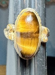 Vintage 10k Filled Toned Yellow Honey Brown Tigers Eye Oval Ring Boho Size 4.5
