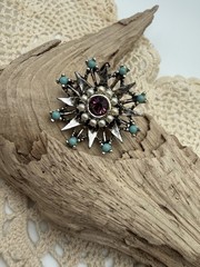 Vintage Starburst Pin Brooch w Faux Pearls & Turquoise & Purple Rhinestone