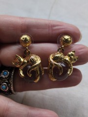 Vintage Cat Pool Of Light Gold Plate Earrings, Crystal Eyes