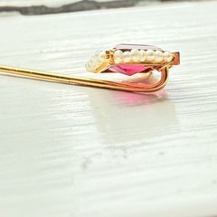 Antique Edwardian Marathon Co 10k Yellow Gold Stick Pin Ruby Glass Seed Pearl