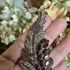 VTG Statement Leaf Floral Brooch 3.5 Inch Amber Brown Rhinestone Crystal Rhodium