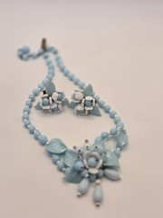 Vintage W. Germany light blue & white bead floral necklace and earrings jewelry