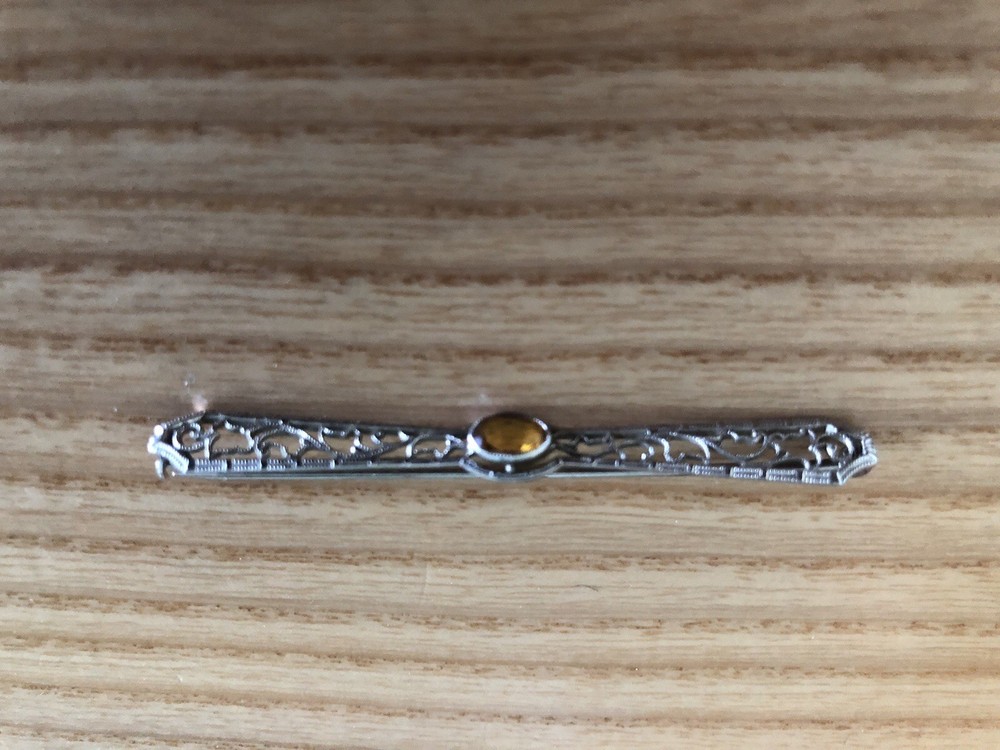 1920’S EARLY BELAIS 10K WHITE GOLD FILIGREE BROOCH WITH CITRINE GEMSTONE/2.25″