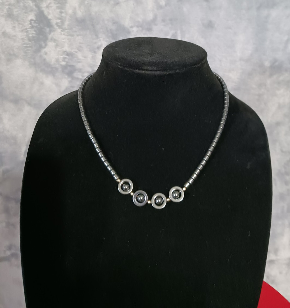 Vintage Hematite Beaded Necklace Gold Tone Clasp Gift Modernist Orb Circles