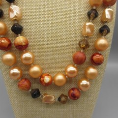 Vintage Hong Kong Necklace MCM Beaded Orange Brown Double Strand 19 Inch