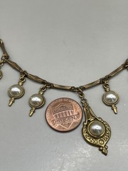 VTG Edwardian Style Bronze Tone Faux Pearls Dangle Pendant 16.5” Necklace