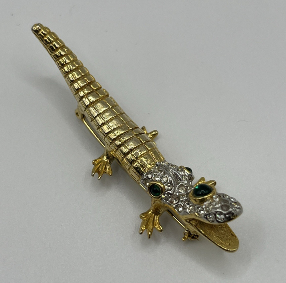 Kenneth Jay Lane Gold Plated Alligator Brooch Pave Rhinestone Head Pin