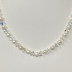 Crystal Glass and Genuine Pearl Beaded Necklace Bracelet Set AB Sterling Clasp