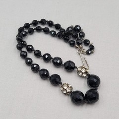 Vintage Black Glass Rhinestone Necklace Silver tone 15″-16.5″