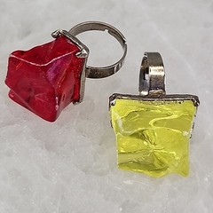 Acrylic Ring Lot of 2 Red yellow Faux Rock Silver Tone 1970s Chunky Adjustable 7