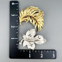 Vintage BSK Brooch Lot Leaf Feather Seaweed Faux Pearl Brushed Gold Tone Signed