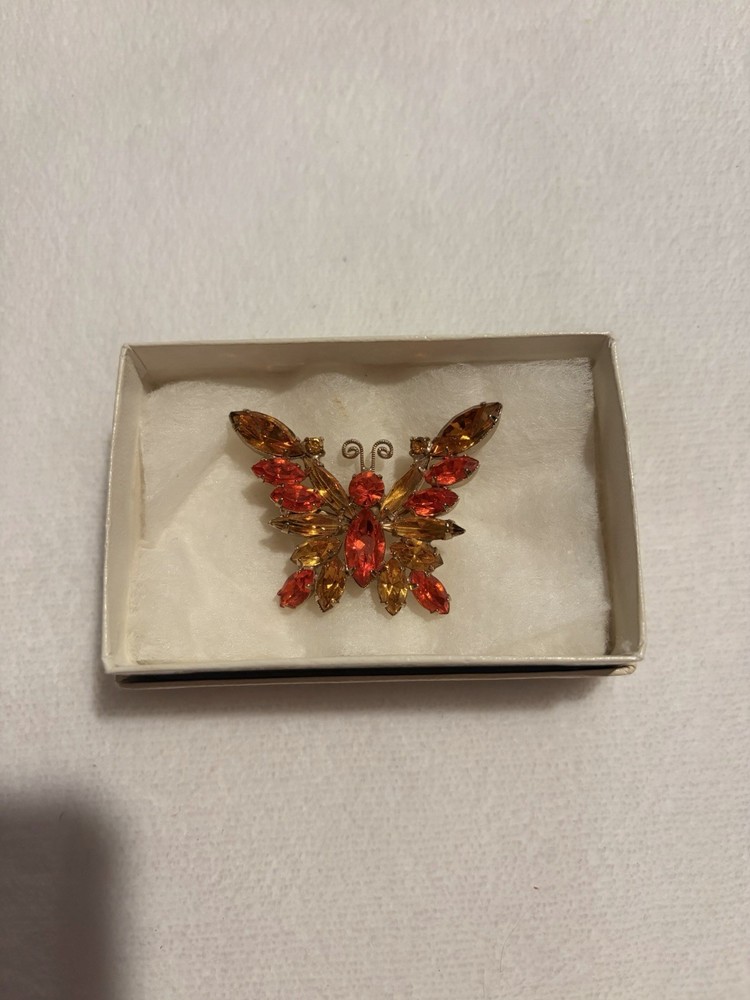 Vintage Orange Amber Rhinestone Butterfly Brooch Gold Tone Mid Century