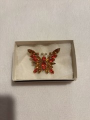 Vintage Orange Amber Rhinestone Butterfly Brooch Gold Tone Mid Century