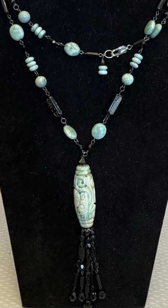 Sterling Silver Carved Jade Cylinder Deco Tassel Necklace Wired Black Glass Bead