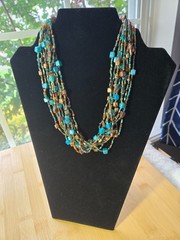 Multi-Layered Chunky Beaded Necklace, Bronze and Aqua Accents 18″