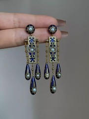 Vintage Blue Enamel Drop Earrings Pearl Gold Tone Dangle Statement Baroque