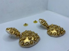 Vintage Gilt Resin Heart Dangle Pierced Earrings Gold Ball Studded 3″ Long Drop