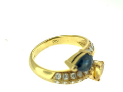 Yellow & Blue Pear Sapphires 1.80ct + Diamonds 0.60ct Cross-Over~18Kt Gold Ring