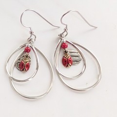 Vintage Silver Tone Bohemian Style Teardrop Lady Bug Charm Layered Earrings