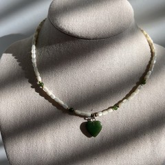 Vintage Mother of Pearl Jadeite Bead Estate Necklace Green Stone Heart Pendant