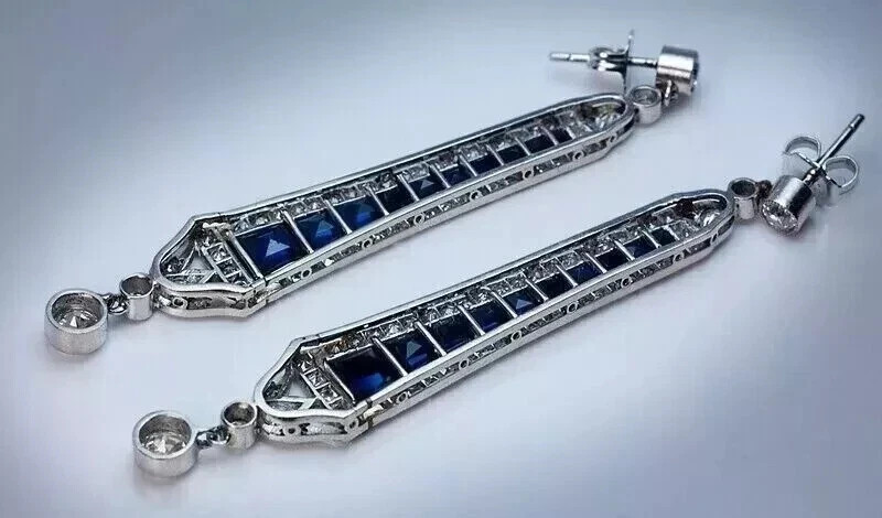 Art Deco Style Lab Created Sapphire Diamond Engagement 14k White Gold FN Earring
