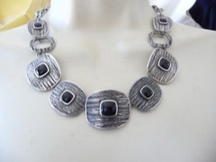 SET LIA SOPHINA BRACELET NECKLACE SILVER TONE SQUARES w BLACK CENTER #23/5A