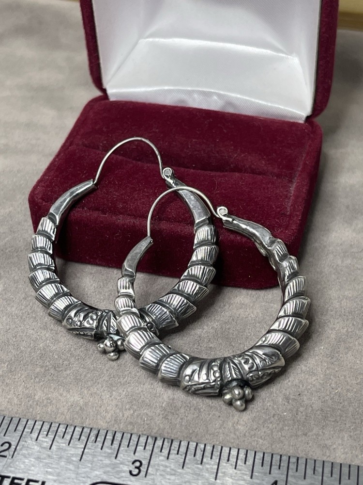 Estate Antique Elegant Sterling Silver Ornate Pierced Hoop Earrings