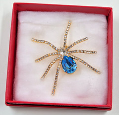 Spider Brooch Pendant Blue Crystal Rhinestone Gold Tone With Box IVANA