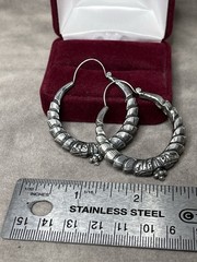 Estate Antique Elegant Sterling Silver Ornate Pierced Hoop Earrings