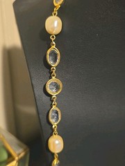 Vintage Clear Faceted Bezel Gold Tone Faux Pearl Classic Elegant Necklace 31″