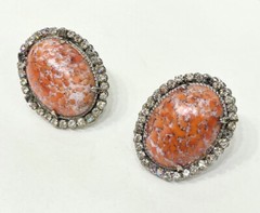 Vintge Signed Haskell Lg Oval Faux Coral Cab w/Rhinestone Border Clip Earrings