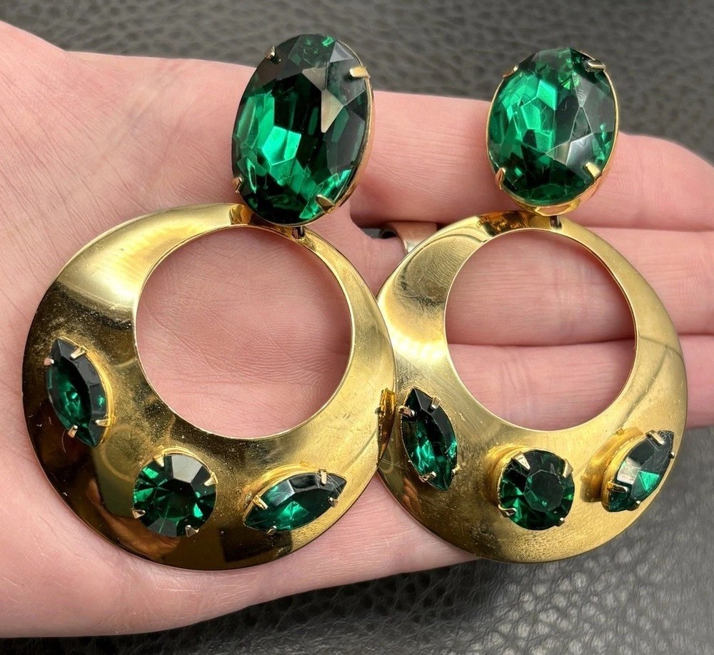 Massive Huge 80s Runway Vintage Green Crystal Dangle Hoop Statement Earrings