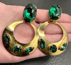 Massive Huge 80s Runway Vintage Green Crystal Dangle Hoop Statement Earrings