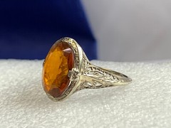 Vtg 14K White Gold Ring 3.51g Fine Jewelry Sz 7.5 Amber Color Oval Stone Prong