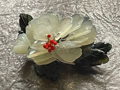 Vtg Chinese Carved Glass Peony Flower Brooch Wire Wrapped Celadon Green Red Pin