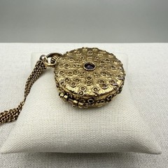 Vintage Goldette Trinket Locket Multi Strand Chain 30-42″ Blue Red Scrollwork