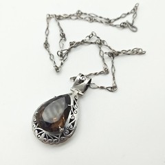Vintage Sterling Silver 925 Smoky Quartz Large Pendant Necklace 24″