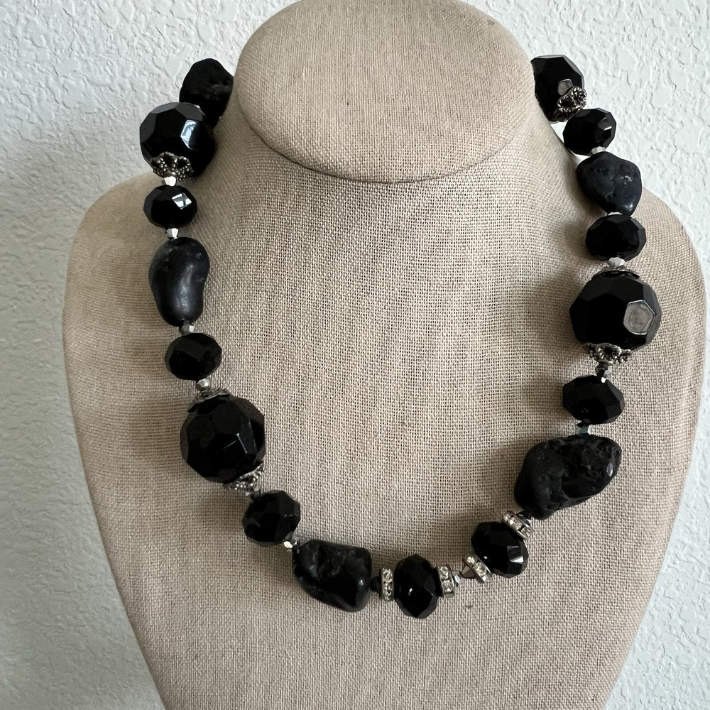 Vintage Chunky Black Faceted Lucite Bead Necklace Raw Nugget Rhinestone Choker