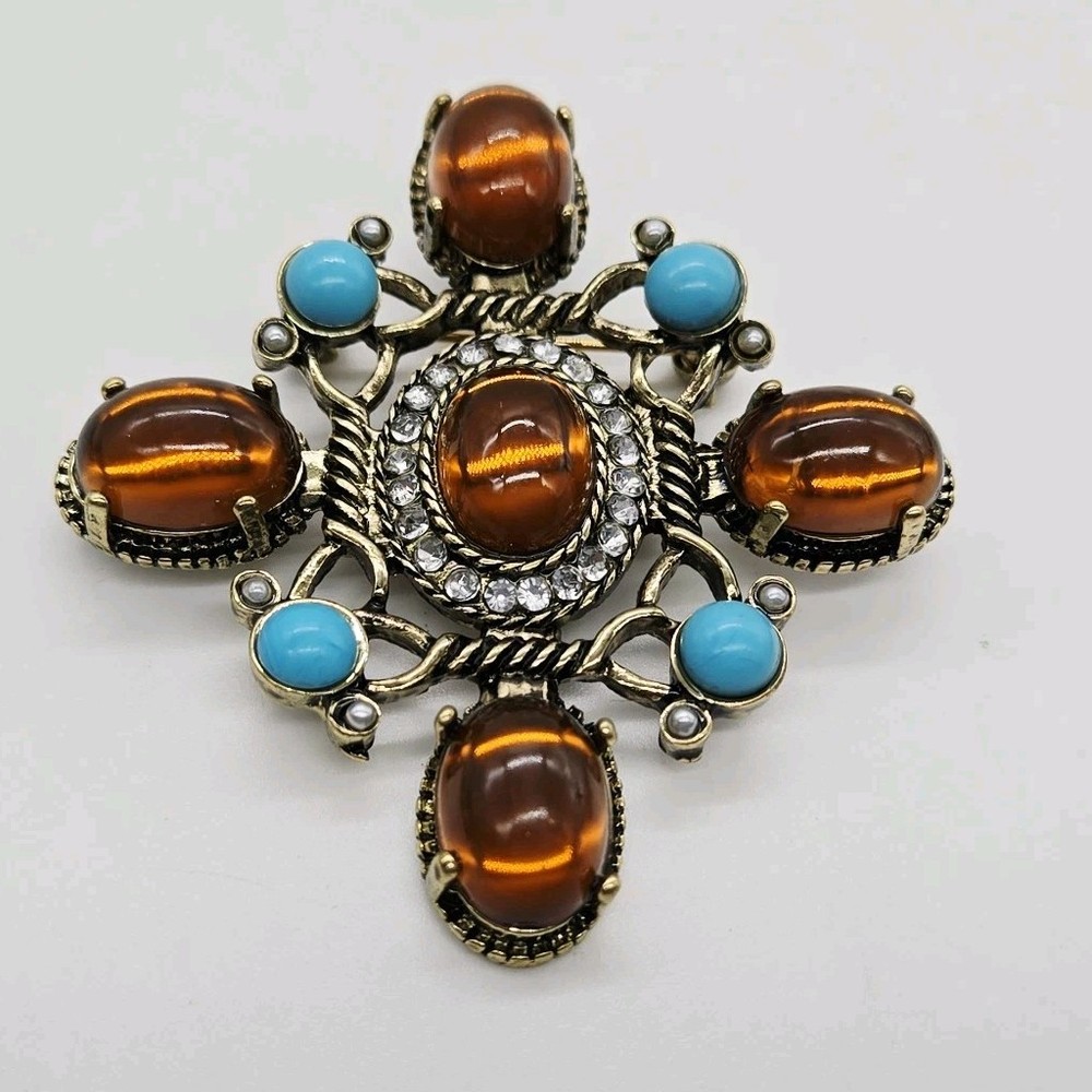 Gripoix Maltese Cross Brooch Pin Amber Blue Gold tone Statement Cabochon 2.25 in